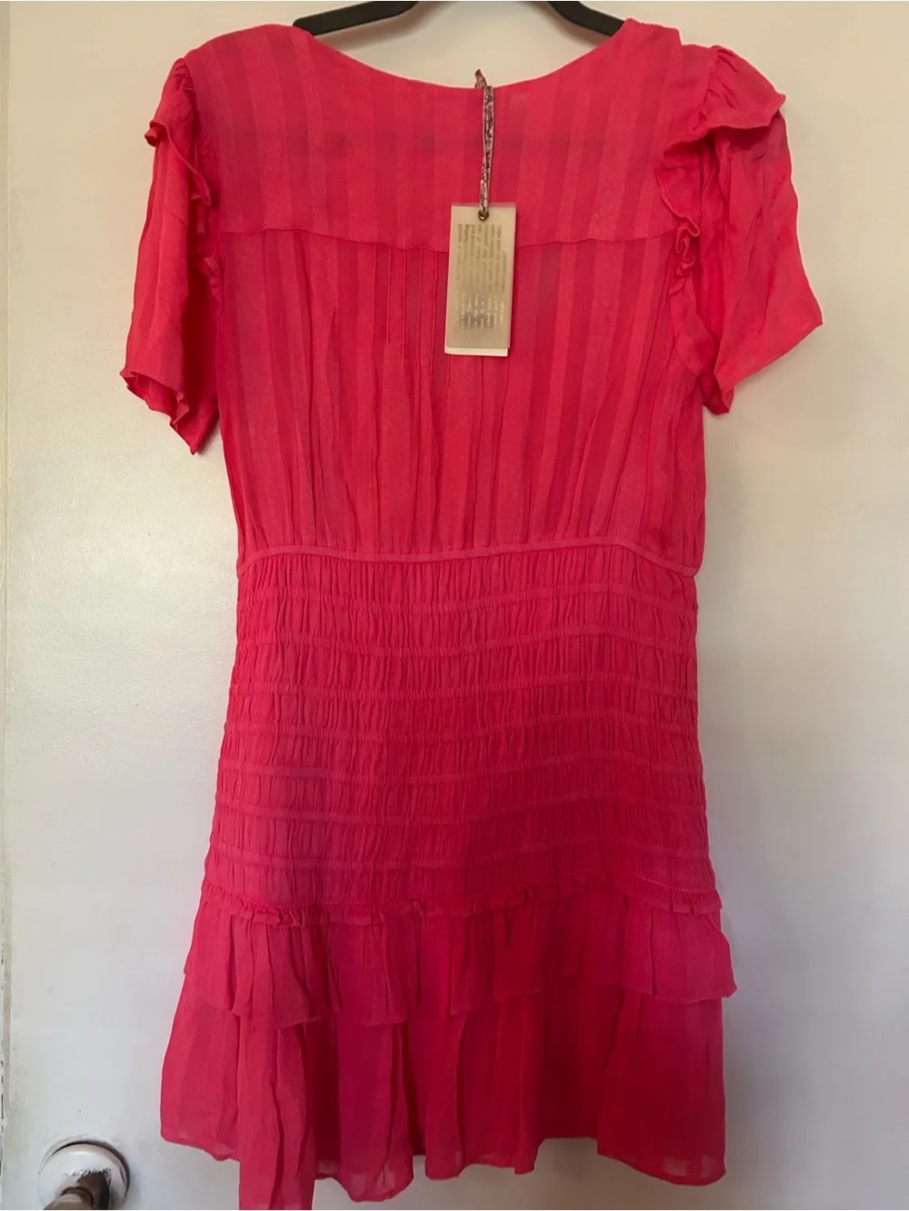 Love Shack Fancy Vibrant Pink Ruffled Tiered Mini Dress - Picture 4 of 8